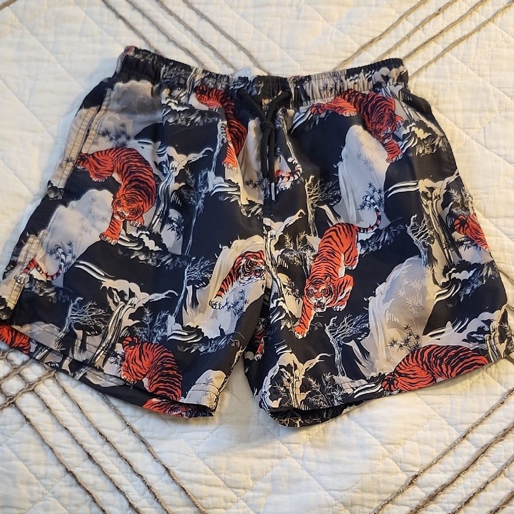 Primark Kids Swim Trunks with Tiger Print - Black and Orange